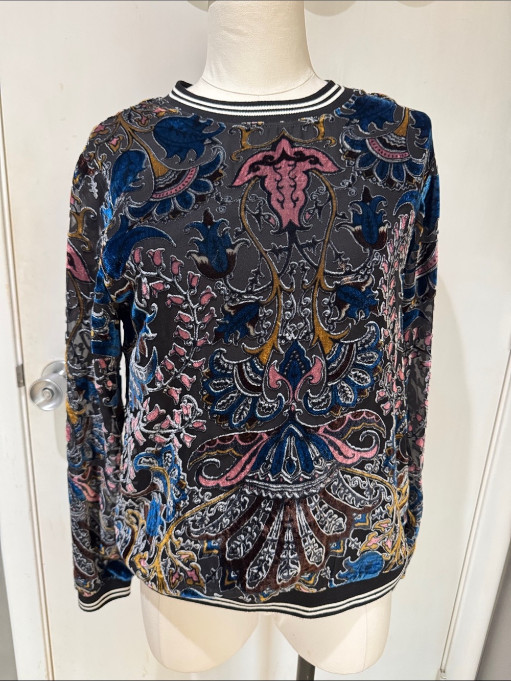Hale Bob Black Velvet Burnout Crewneck Sweater with Blue Pink and Gold Accents